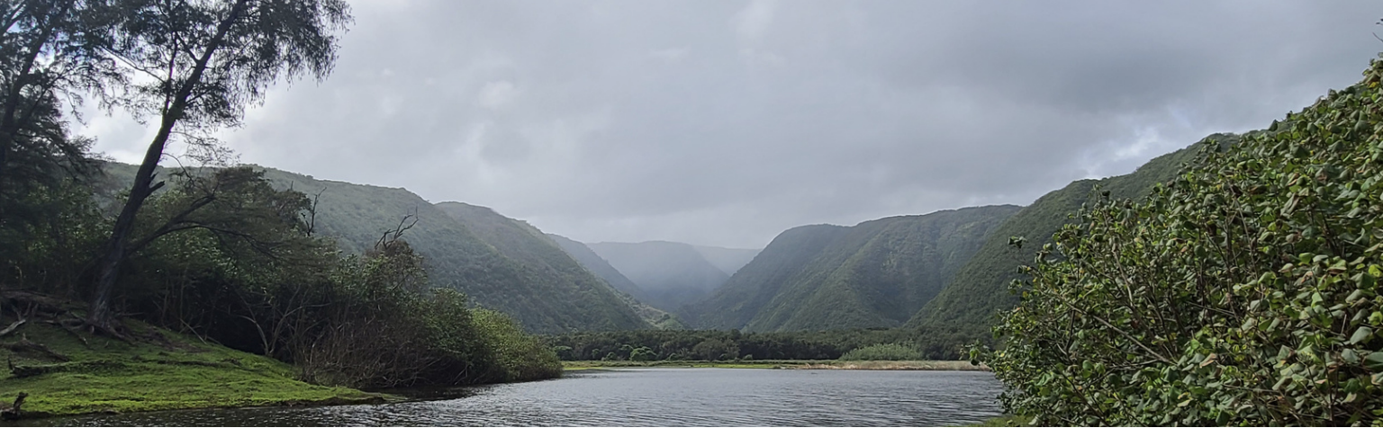 Serene Hawaiian valley with lush green mountains, calm waters, and dramatic cloudy skies - showcasing the diverse natural beauty of the Big Island's interior