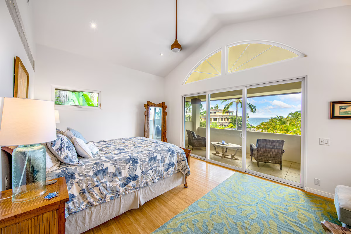 Master bedroom with vaulted ceilings and private ocean-view lanai